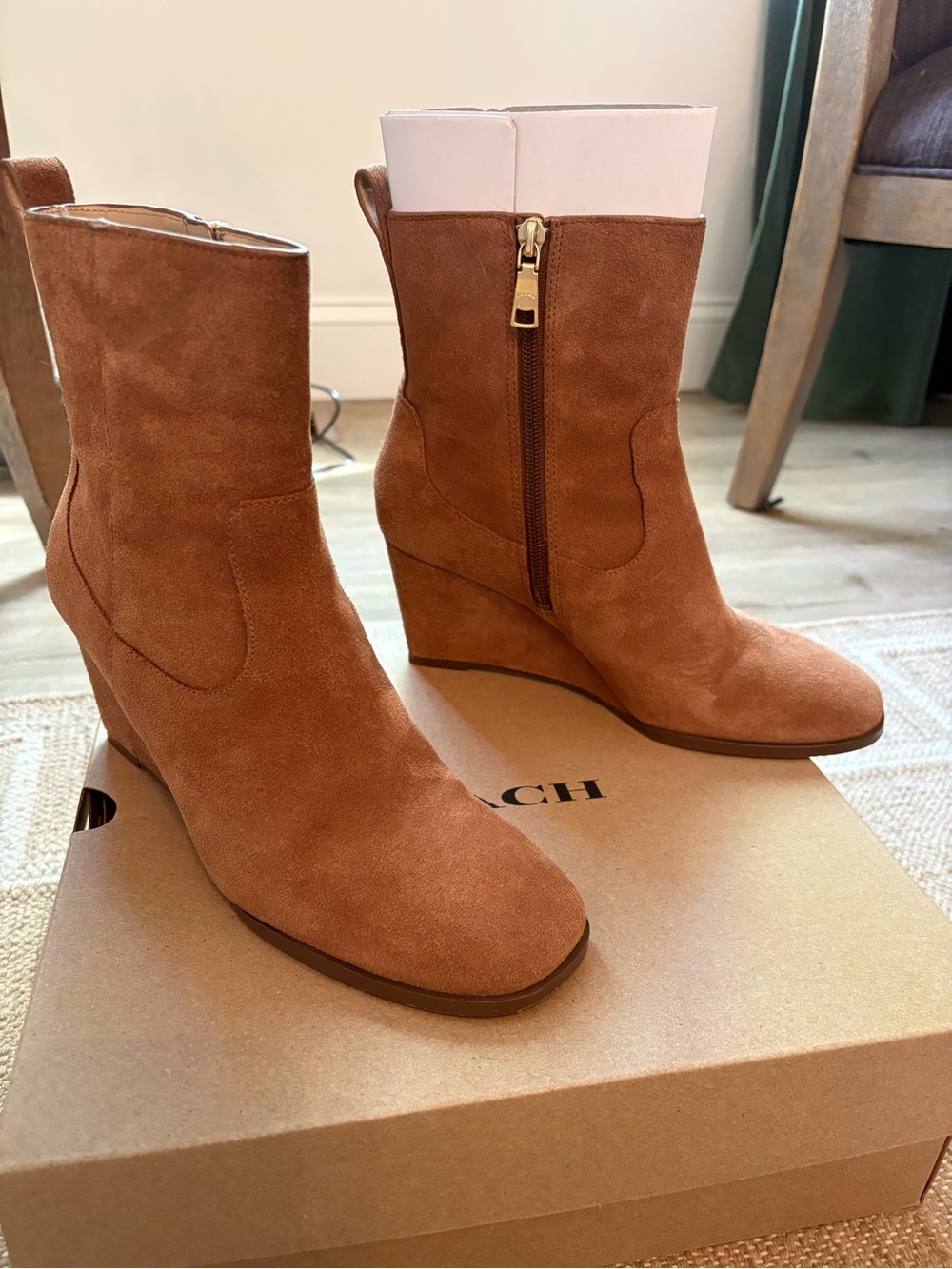 Coach Josephine Tan Suede Wedge Boots Size 8